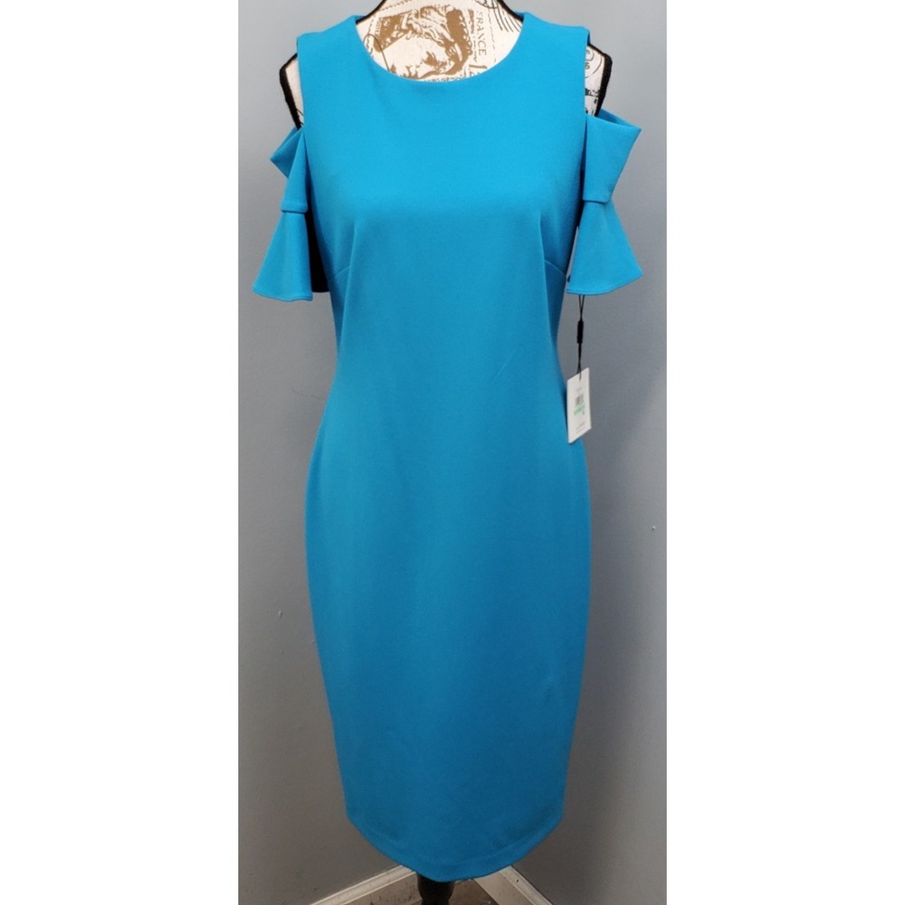 Calvin Klein Sheath Dress Womens 8 Blue Cold Shoulder Sleeve Round Neck Back Zip